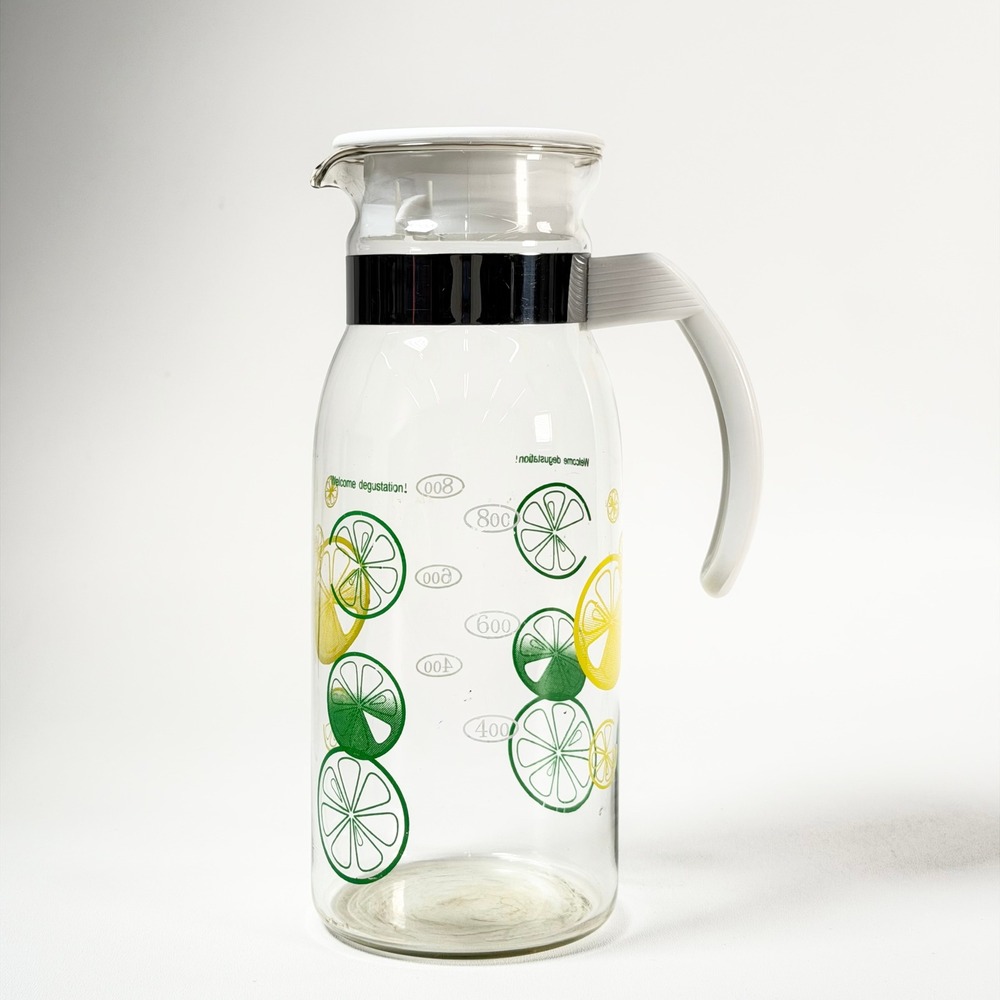 VTG Lemon Lime Glass Pitcher 800ml Clear Citrus Print Retro Style Mid Century